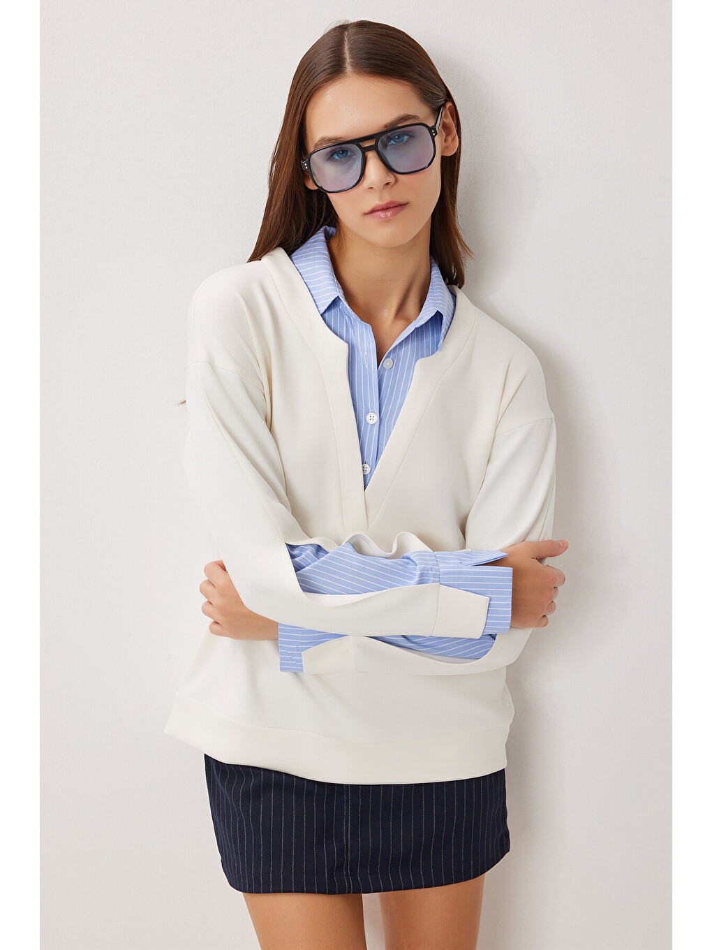 Beyaz Gömlek Yaka Modal Sweatshirt Kemik Lxa0018-1