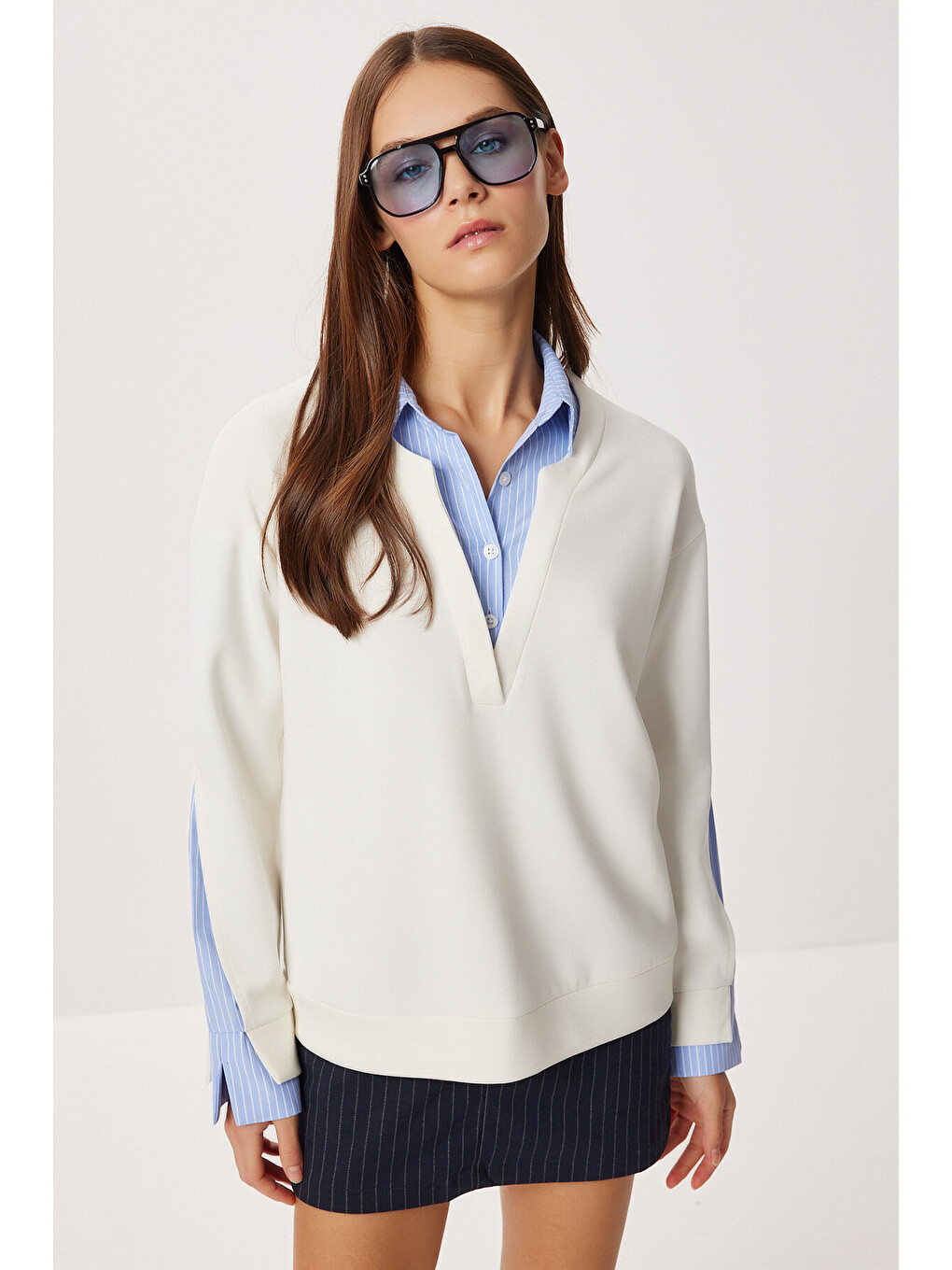 Beyaz Gömlek Yaka Modal Sweatshirt Kemik Lxa0018-2