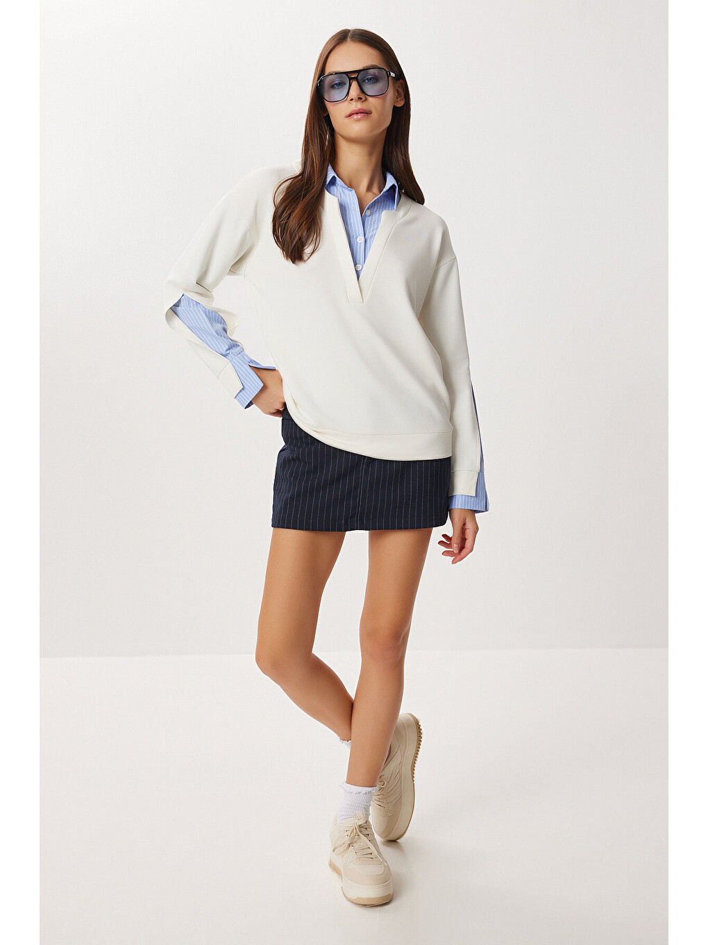 Beyaz Gömlek Yaka Modal Sweatshirt Kemik Lxa0018-3