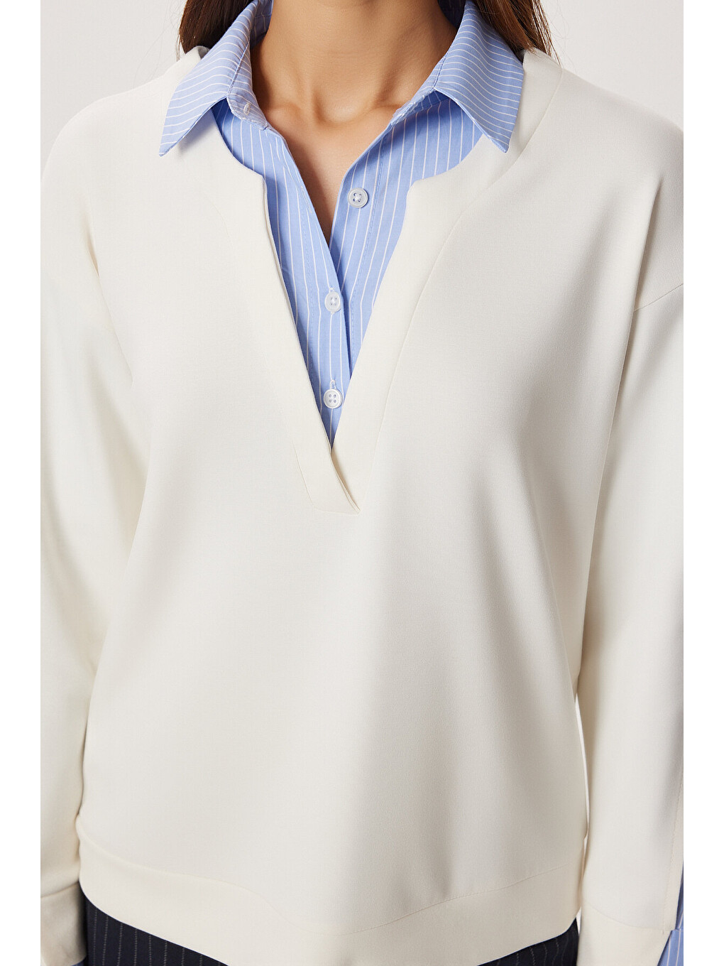 Beyaz Gömlek Yaka Modal Sweatshirt Kemik Lxa0018-4