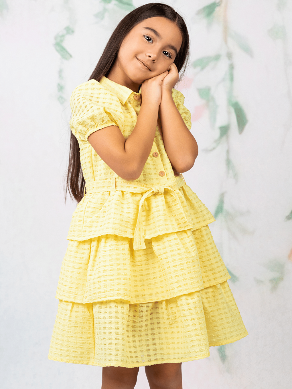 Sarı Gömlek Yaka Kısa Kollu Kız Çocuk Elbise-5