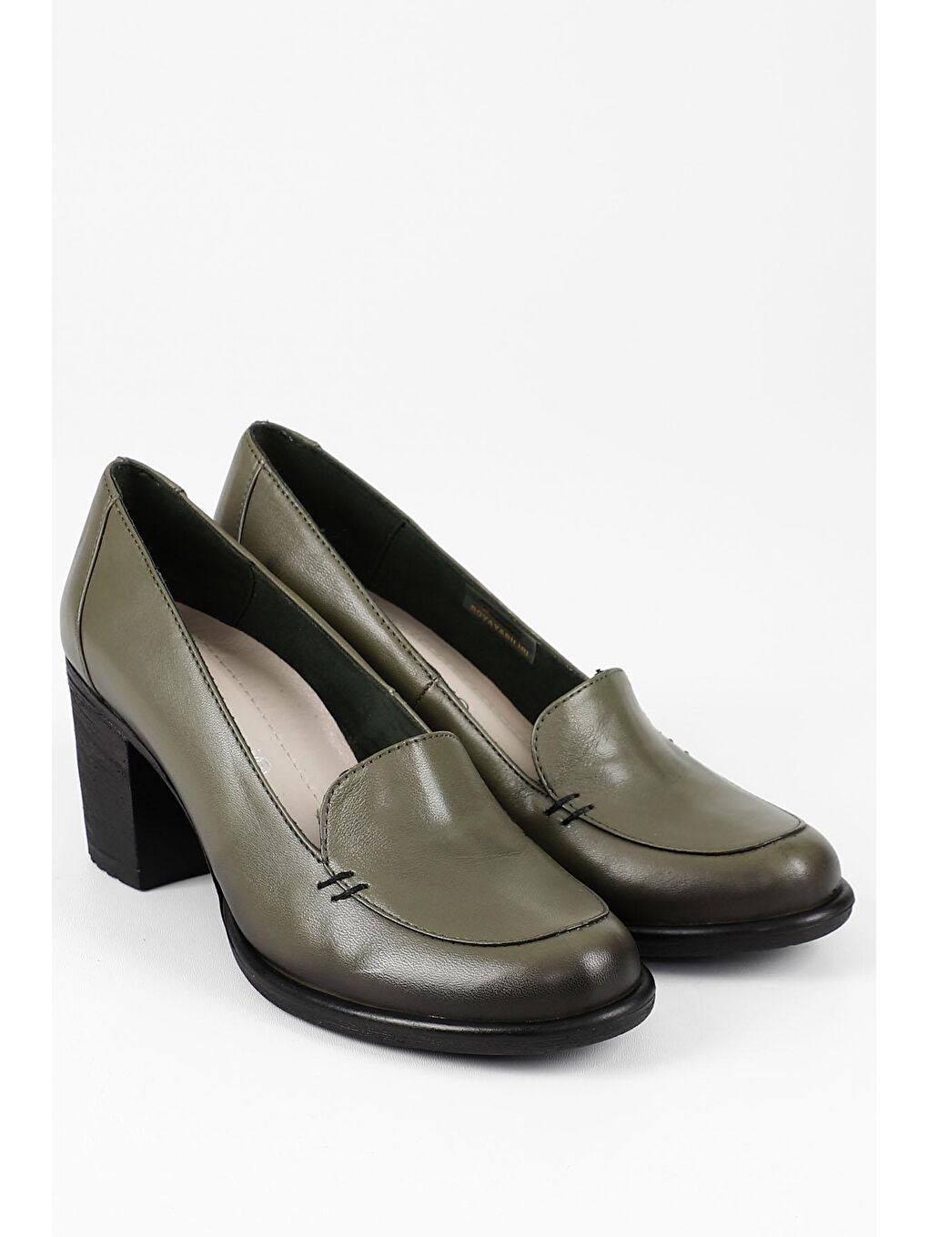 HAKİ  Hakiki Deri Yuvarlak Burun Kalın Orta Topuklu Kauçuk Taban Kadın Loafer Ayakkabı 24070-1