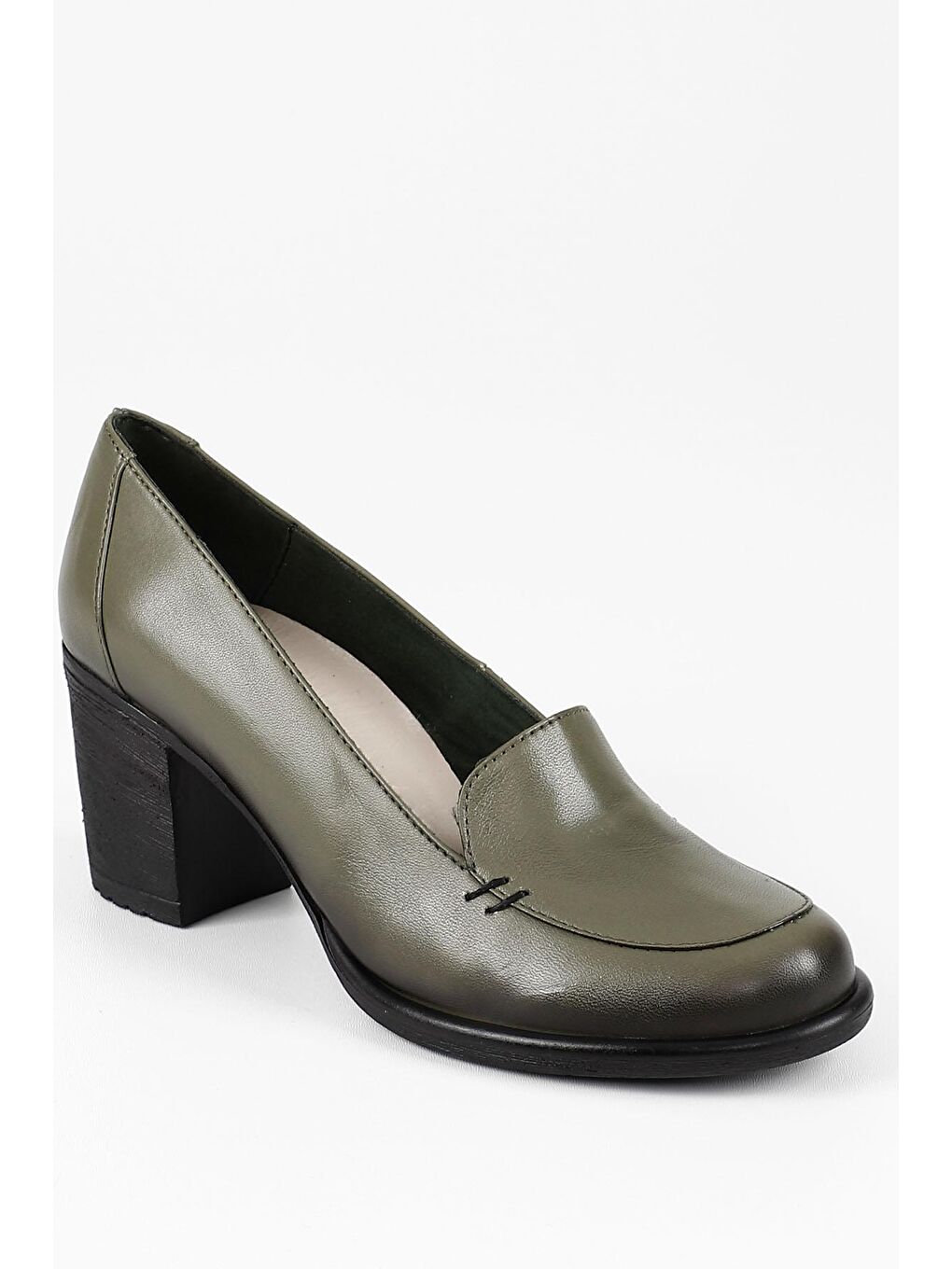 HAKİ  Hakiki Deri Yuvarlak Burun Kalın Orta Topuklu Kauçuk Taban Kadın Loafer Ayakkabı 24070-4