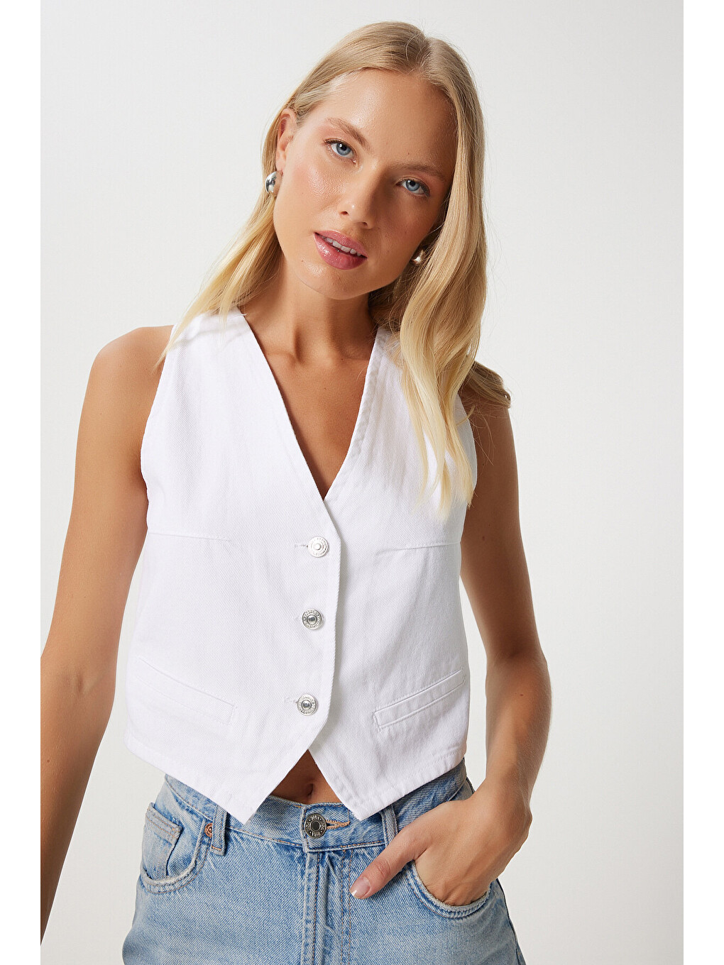 V Yaka Crop Denim Yelek Beyaz Lyl0002