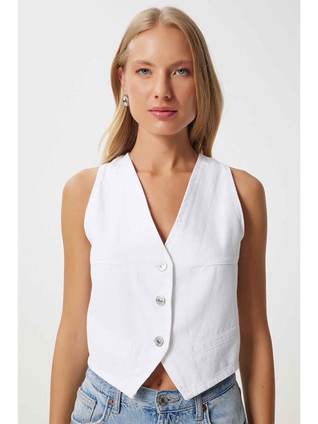 V Yaka Crop Denim Yelek Beyaz Lyl0002-1