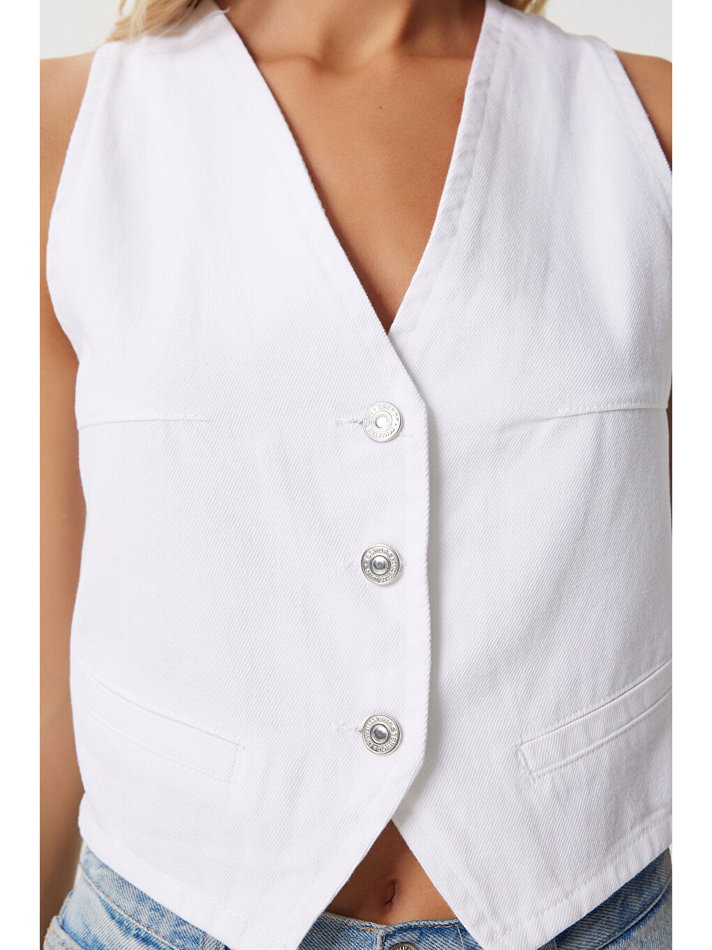 V Yaka Crop Denim Yelek Beyaz Lyl0002-2