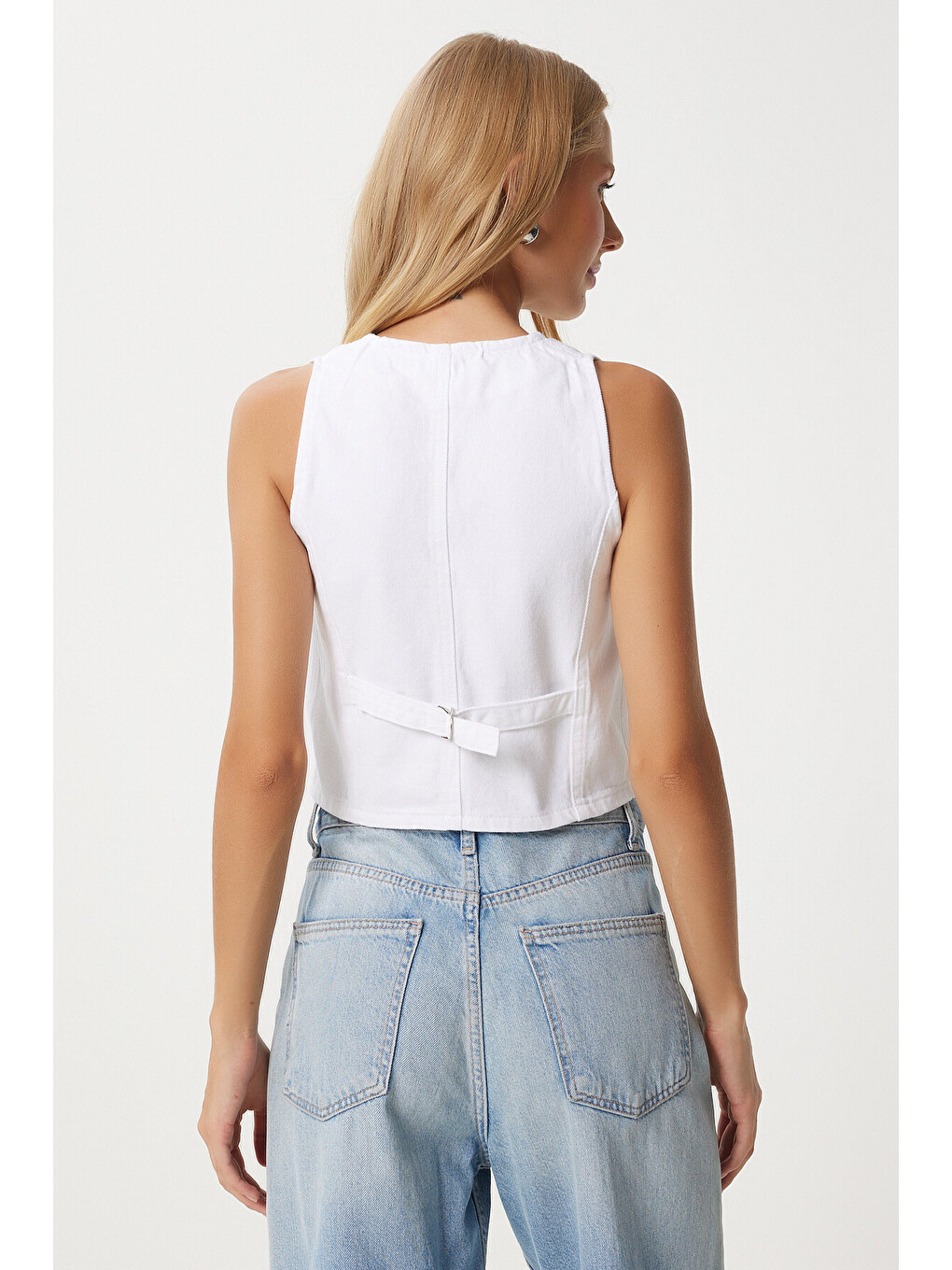 V Yaka Crop Denim Yelek Beyaz Lyl0002-3