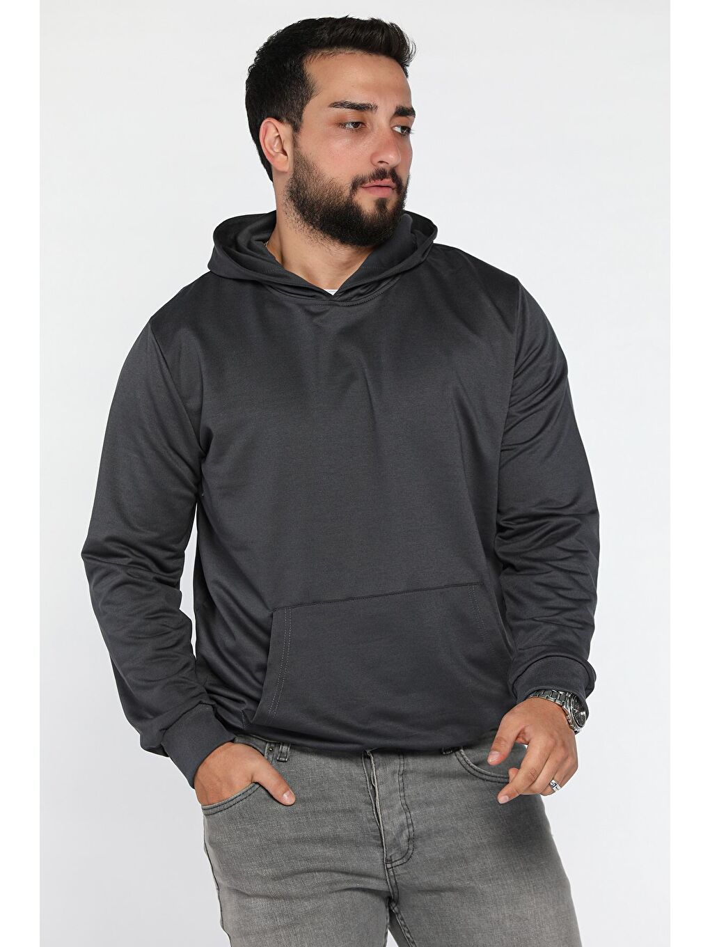 Gri Kapüşonlu Kanguru Cepli Sweatshirt