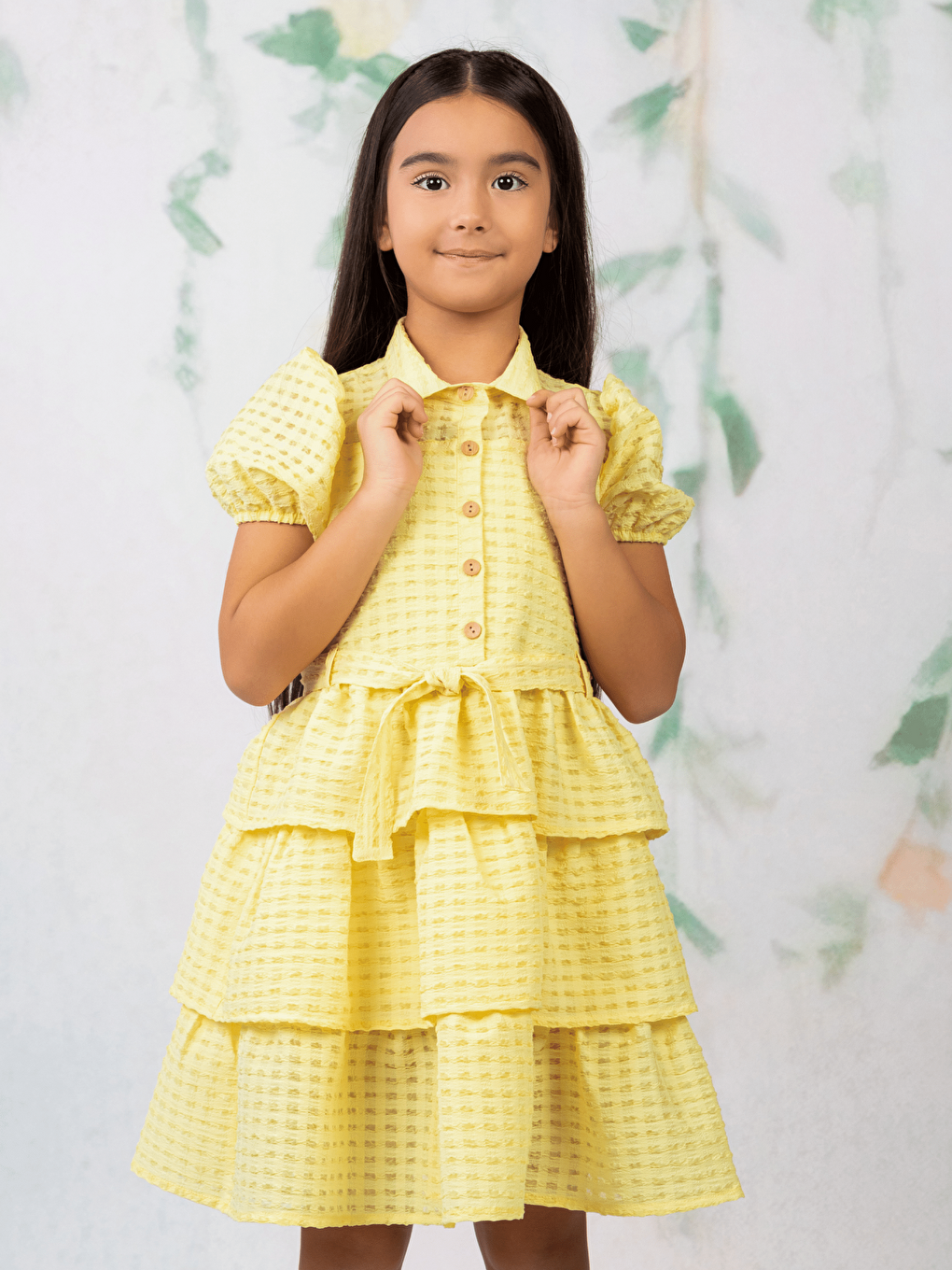 Sarı Gömlek Yaka Kısa Kollu Kız Çocuk Elbise-6