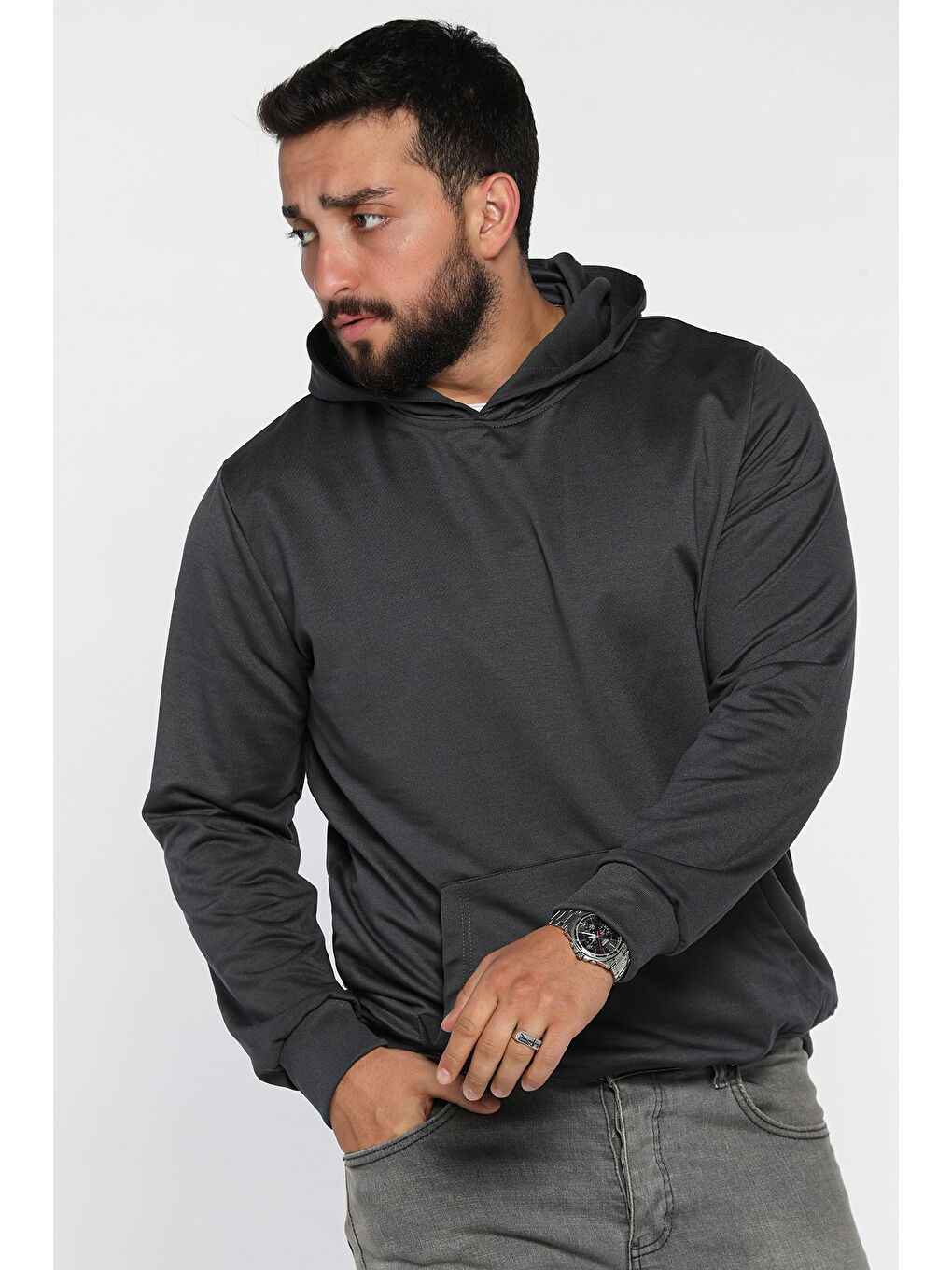 Gri Kapüşonlu Kanguru Cepli Sweatshirt-1