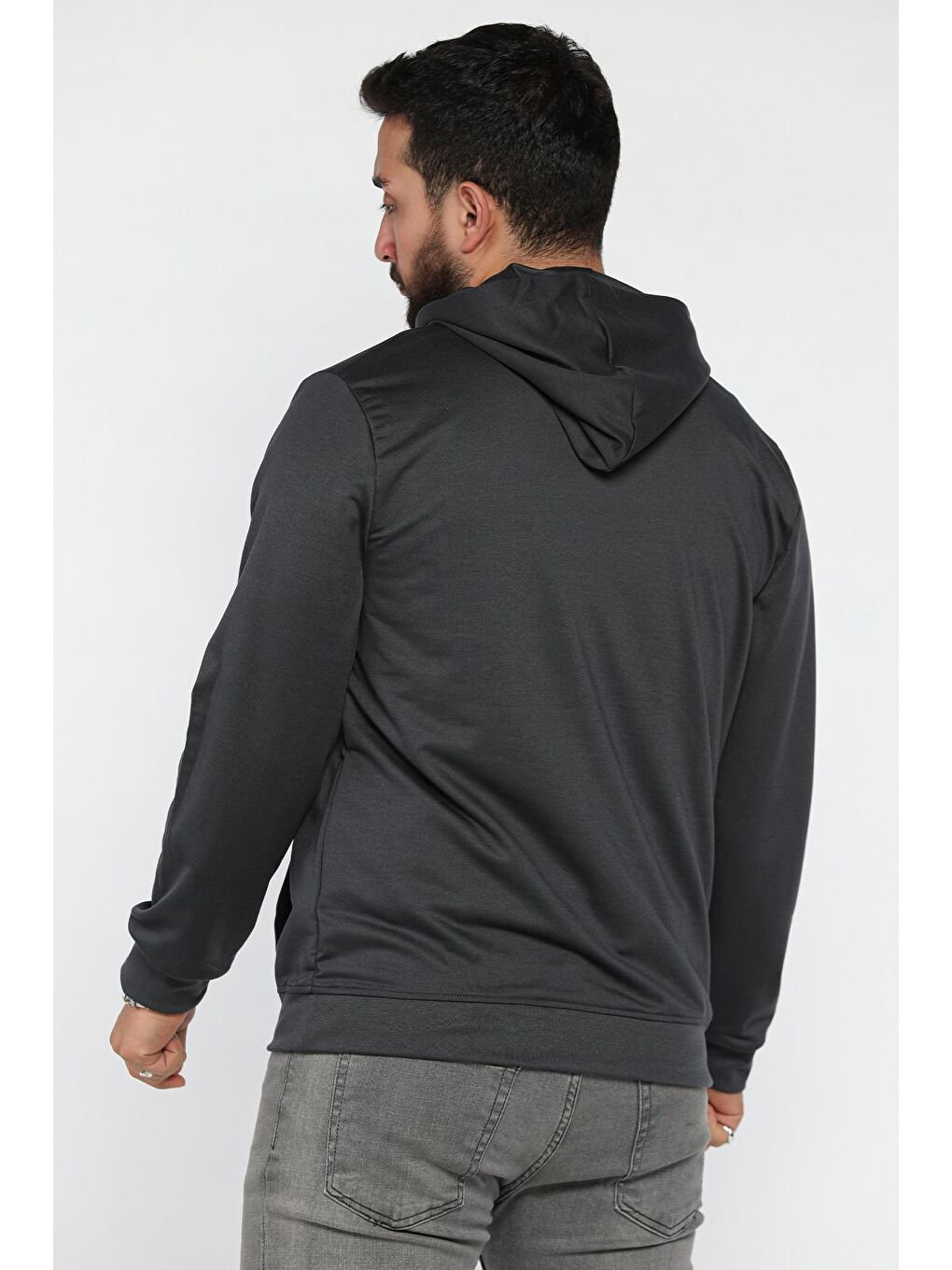 Gri Kapüşonlu Kanguru Cepli Sweatshirt-2