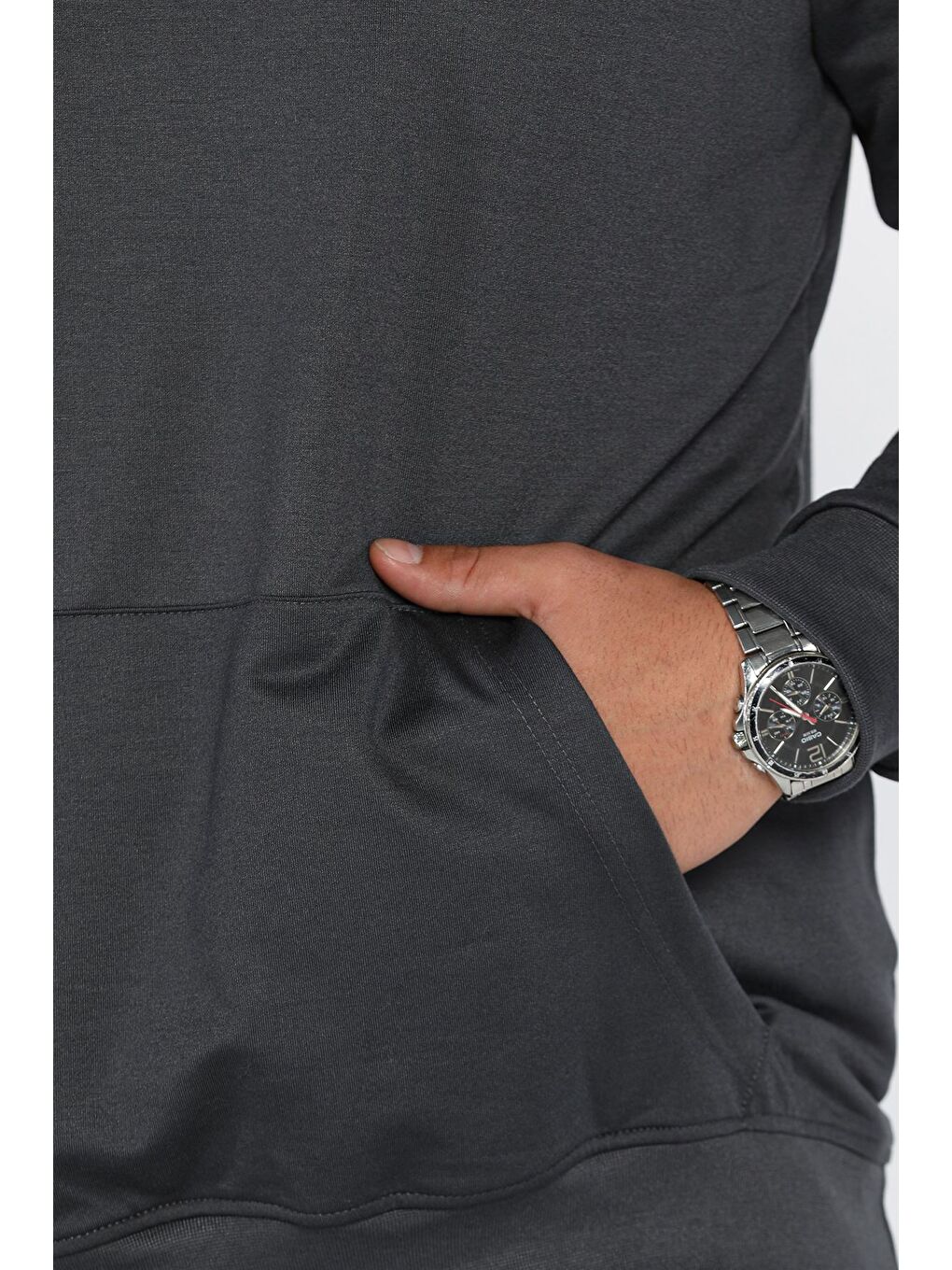 Gri Kapüşonlu Kanguru Cepli Sweatshirt-3