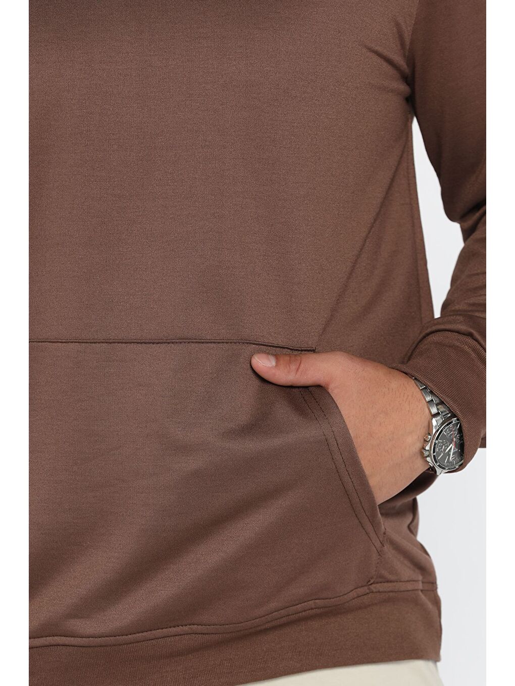 Kahverengi Kapüşonlu Kanguru Cepli Sweatshirt-3