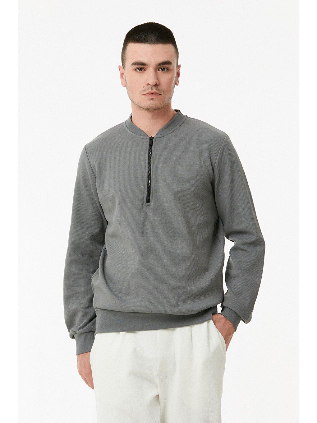 Gri Yarım Fermuarlı Sweatshirt-2