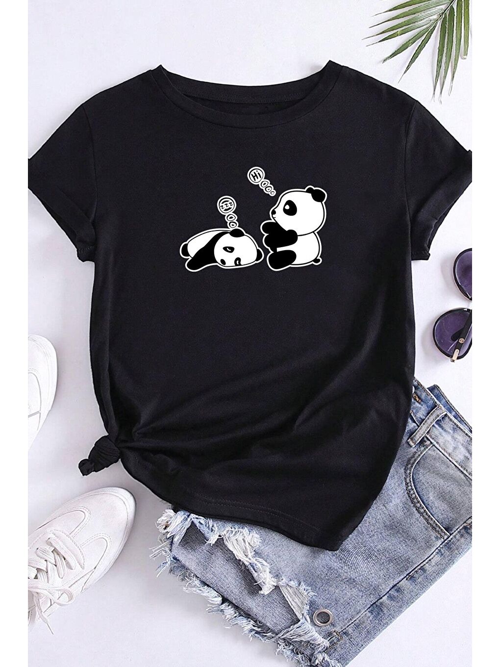 uyguntarz Siyah Unisex Uykucu Panda Baskılı Tasarım Tshirt