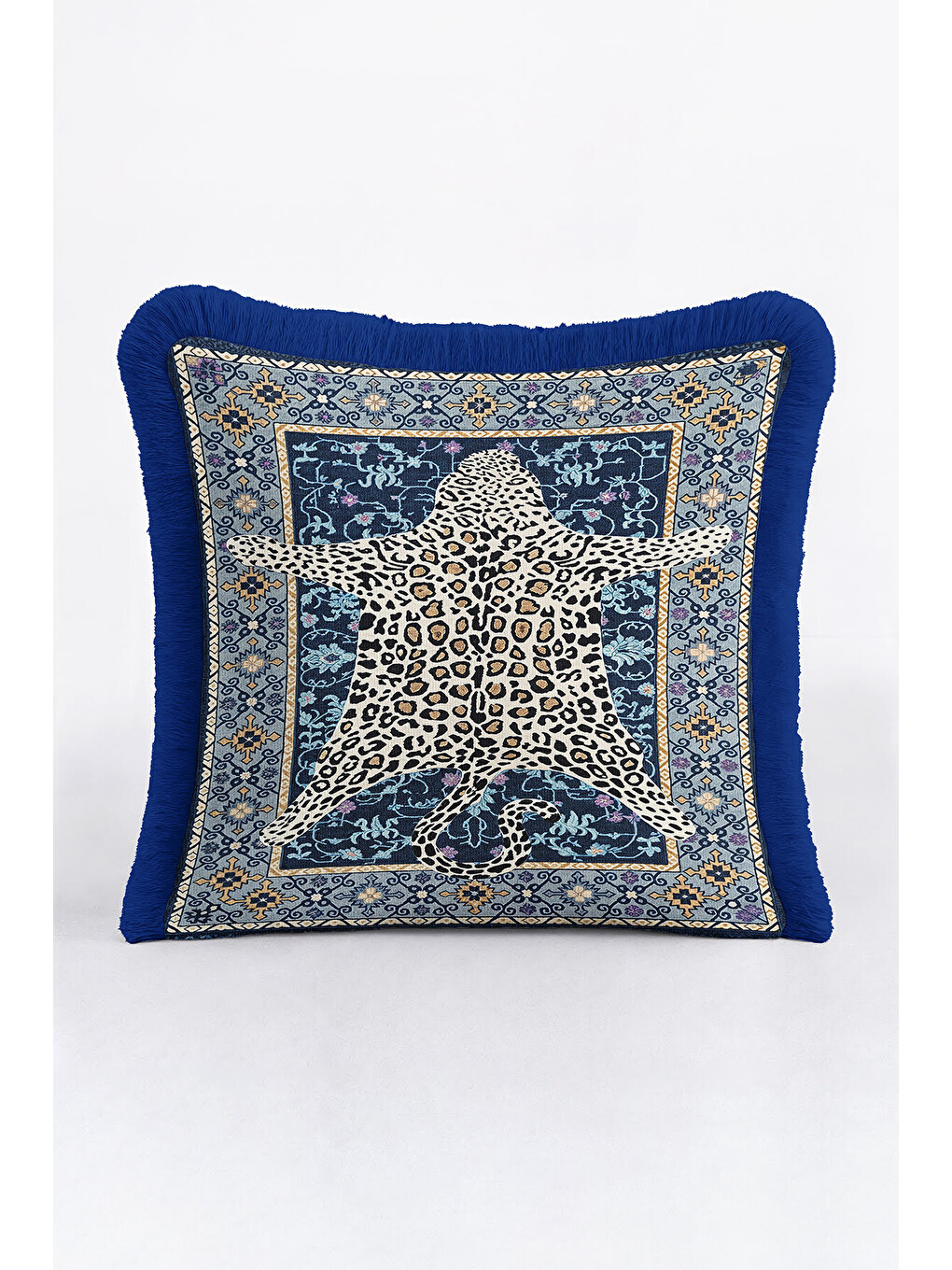Karışık Lüks Vintage Halı Saçaklı Yastık Kılıfı - Asya Leopar Etnik Mavi Gold Püsküllü Kırlent Kılıfı-2