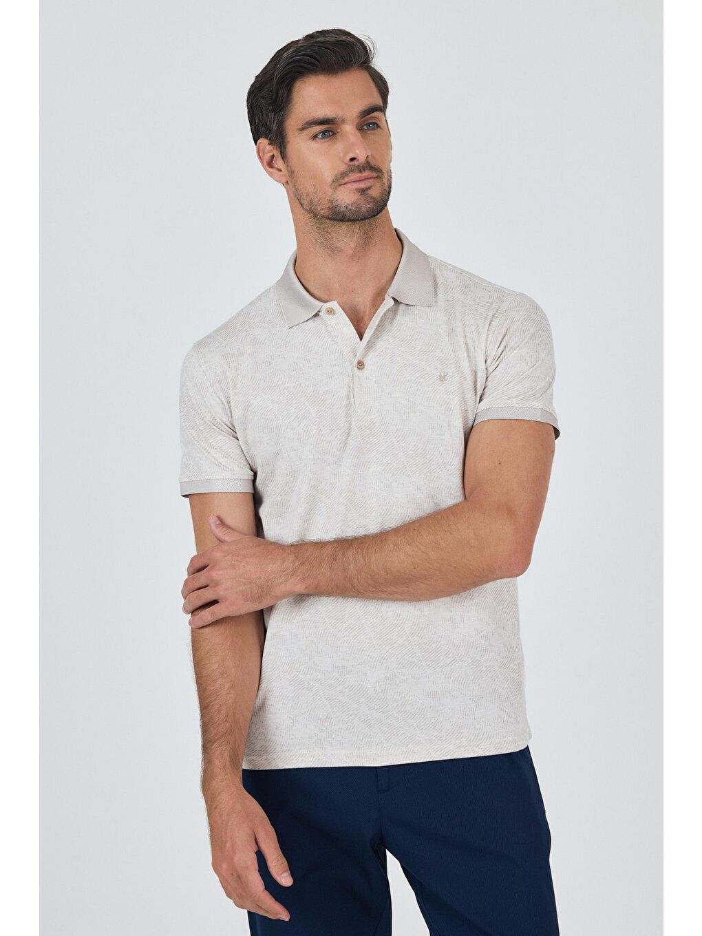 Açık Bej Kısa Kol Baskılı Pike Polo Yaka Cepsiz Esnek Casual Slim Fit Tişört 1011250152-1