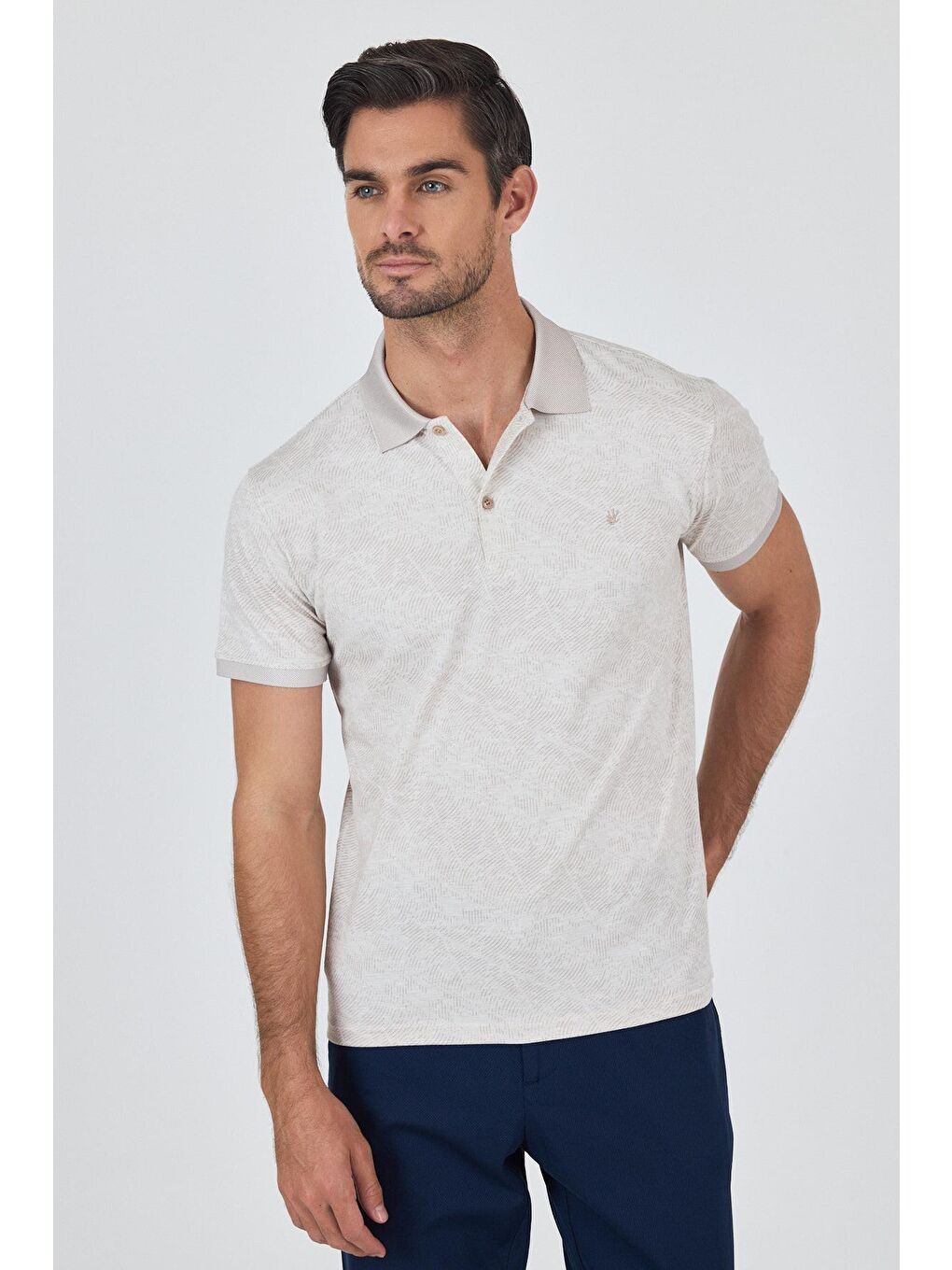 Açık Bej Kısa Kol Baskılı Pike Polo Yaka Cepsiz Esnek Casual Slim Fit Tişört 1011250152-2