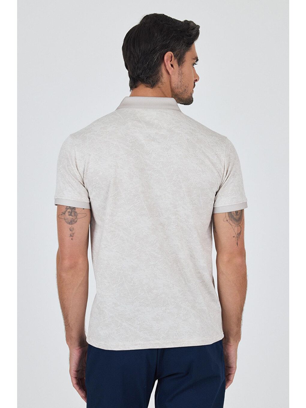 Açık Bej Kısa Kol Baskılı Pike Polo Yaka Cepsiz Esnek Casual Slim Fit Tişört 1011250152-4