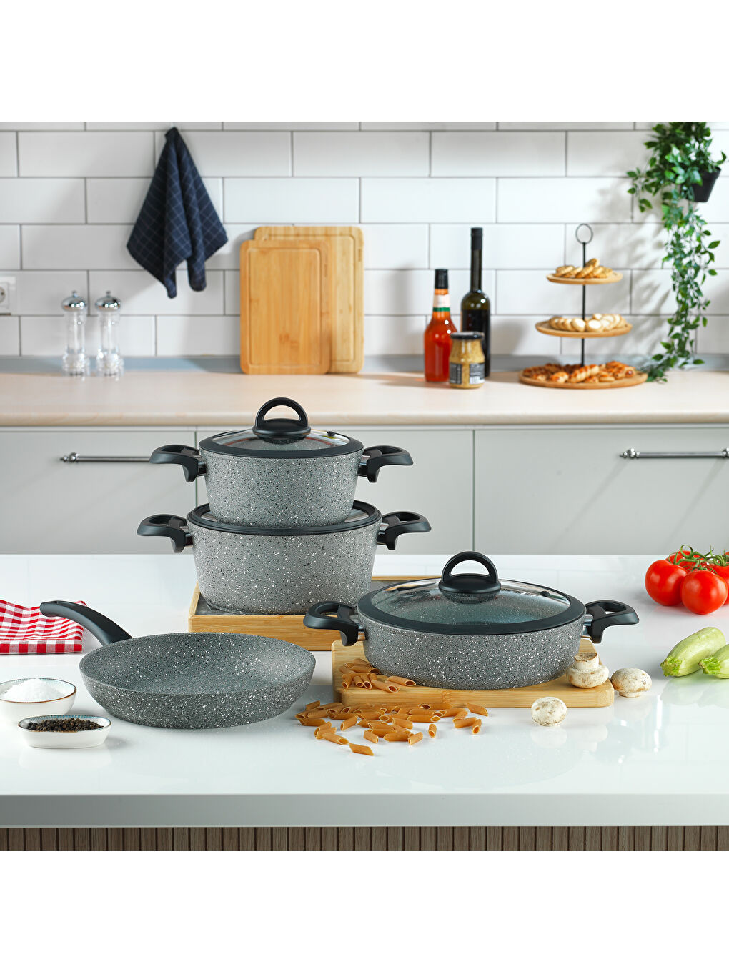 Cucina Yanmaz Yapışmaz Tencere Seti 7 Parça-Gri-1