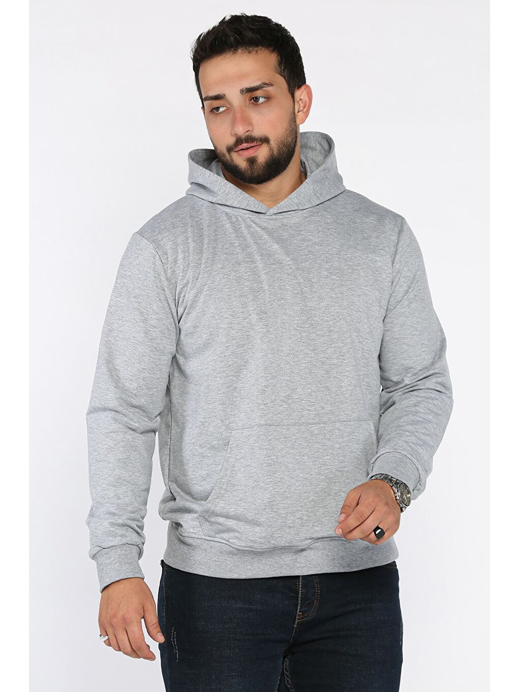 Gri Kapüşonlu Kanguru Cepli Sweatshirt-1