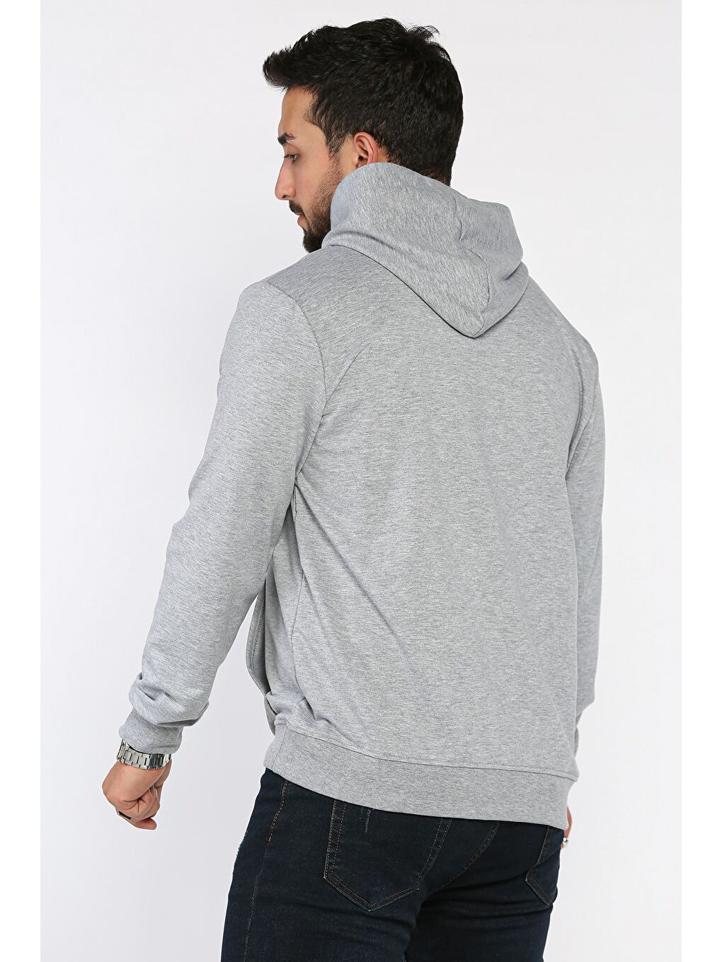 Gri Kapüşonlu Kanguru Cepli Sweatshirt-2