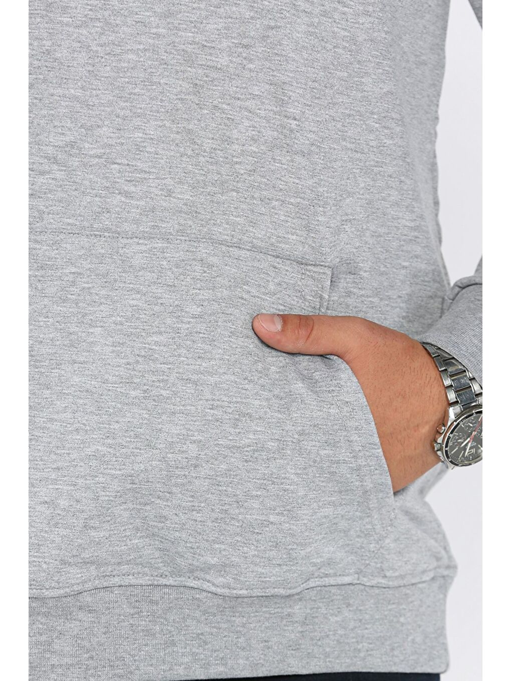 Gri Kapüşonlu Kanguru Cepli Sweatshirt-3