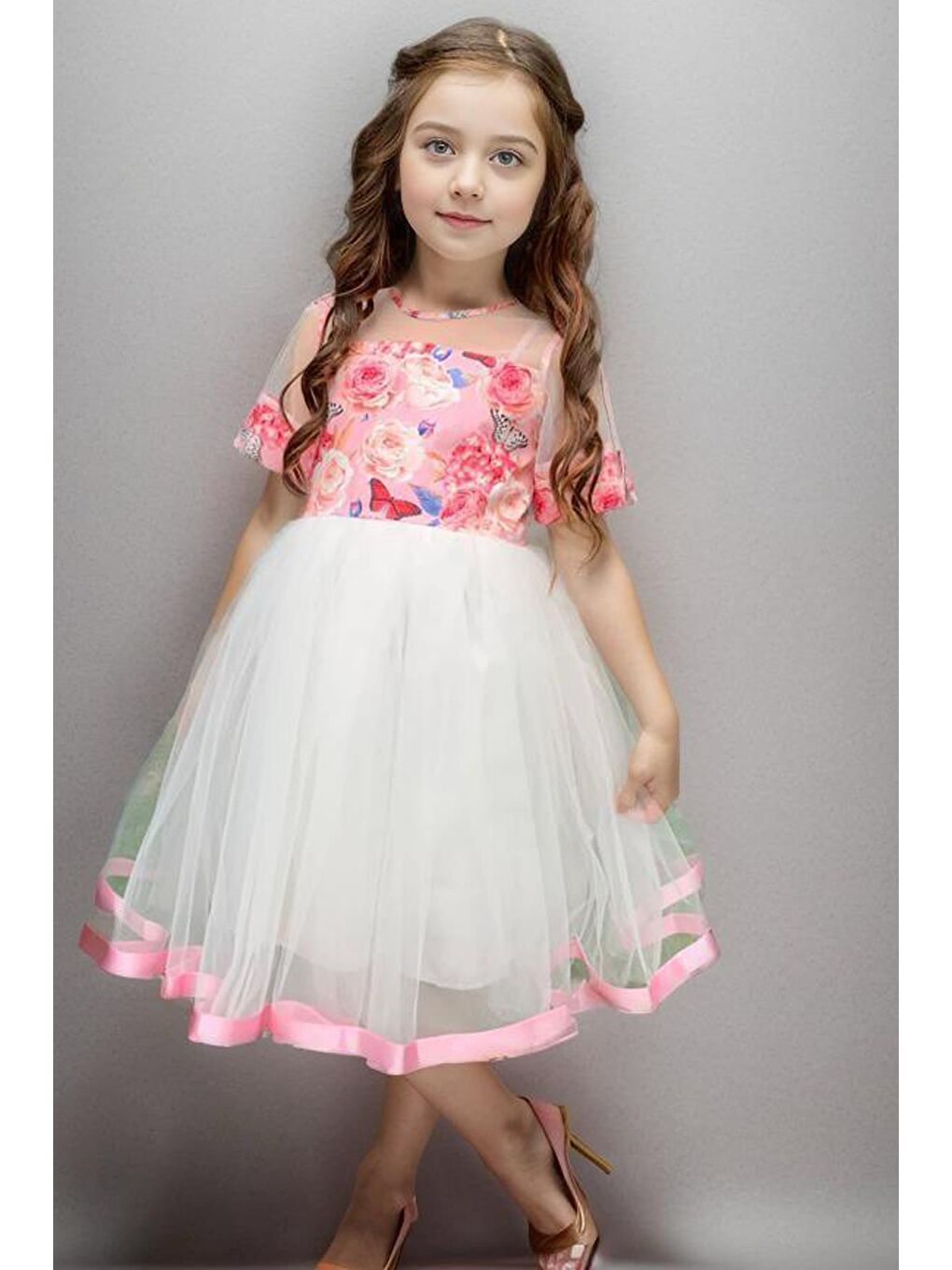 Kız Çocuk Kurdele Toka ve Şerit Detaylı Tüllü Gül Desenli Pembe Elbise