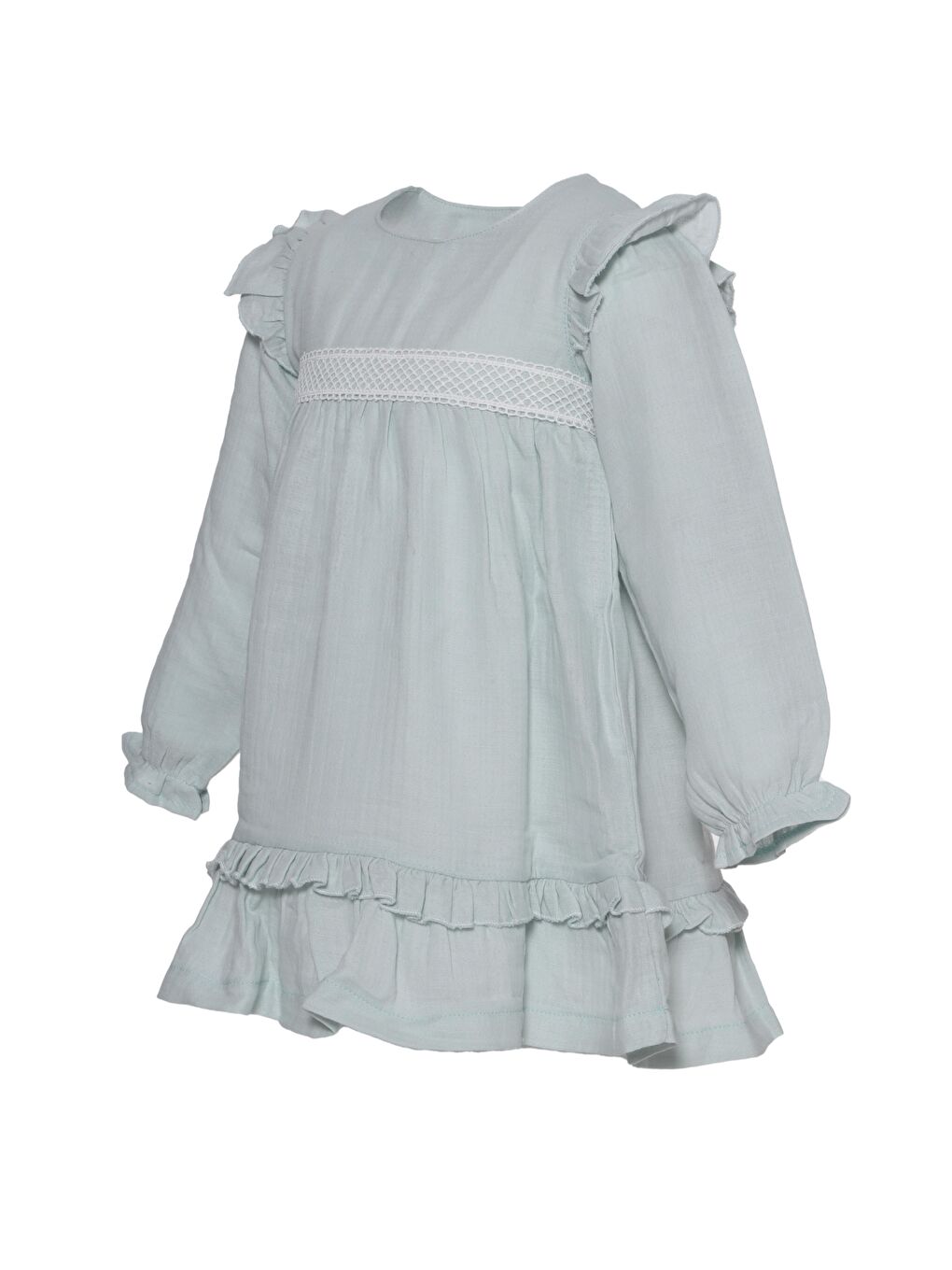 Yeşil Bisiklet Yaka Uzun Kollu Kız Bebek Elbise-1