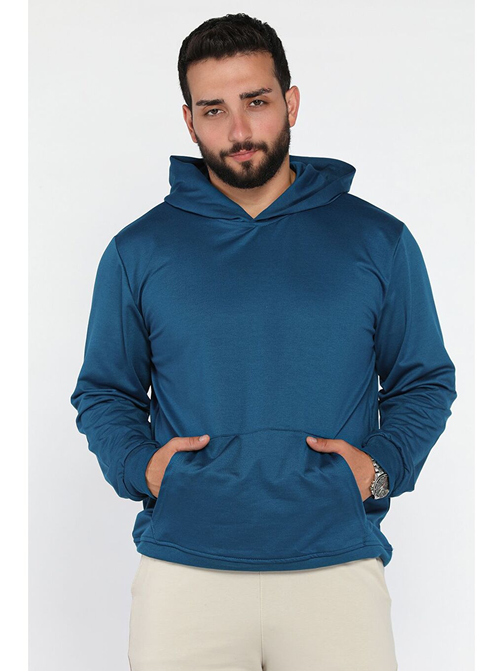 Petrol Kapüşonlu Kanguru Cepli Sweatshirt