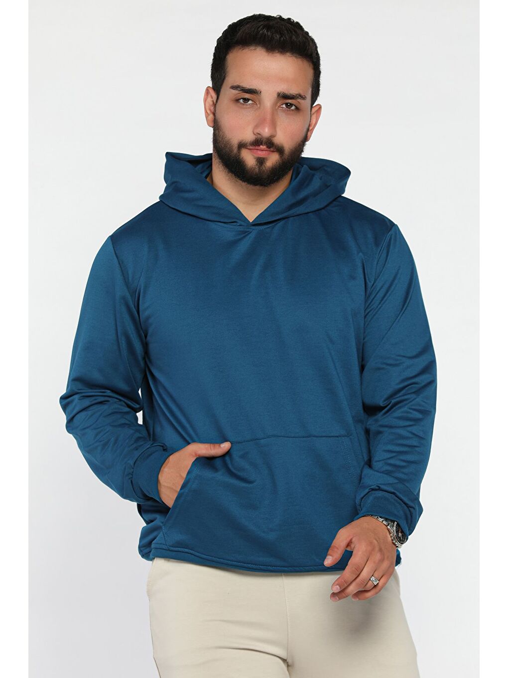 Petrol Kapüşonlu Kanguru Cepli Sweatshirt-1