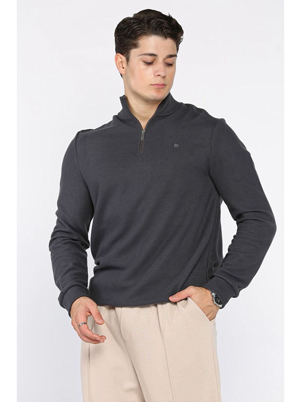 Gri Yarım Fermuarlı Dik Yaka Selanik Sweatshirt