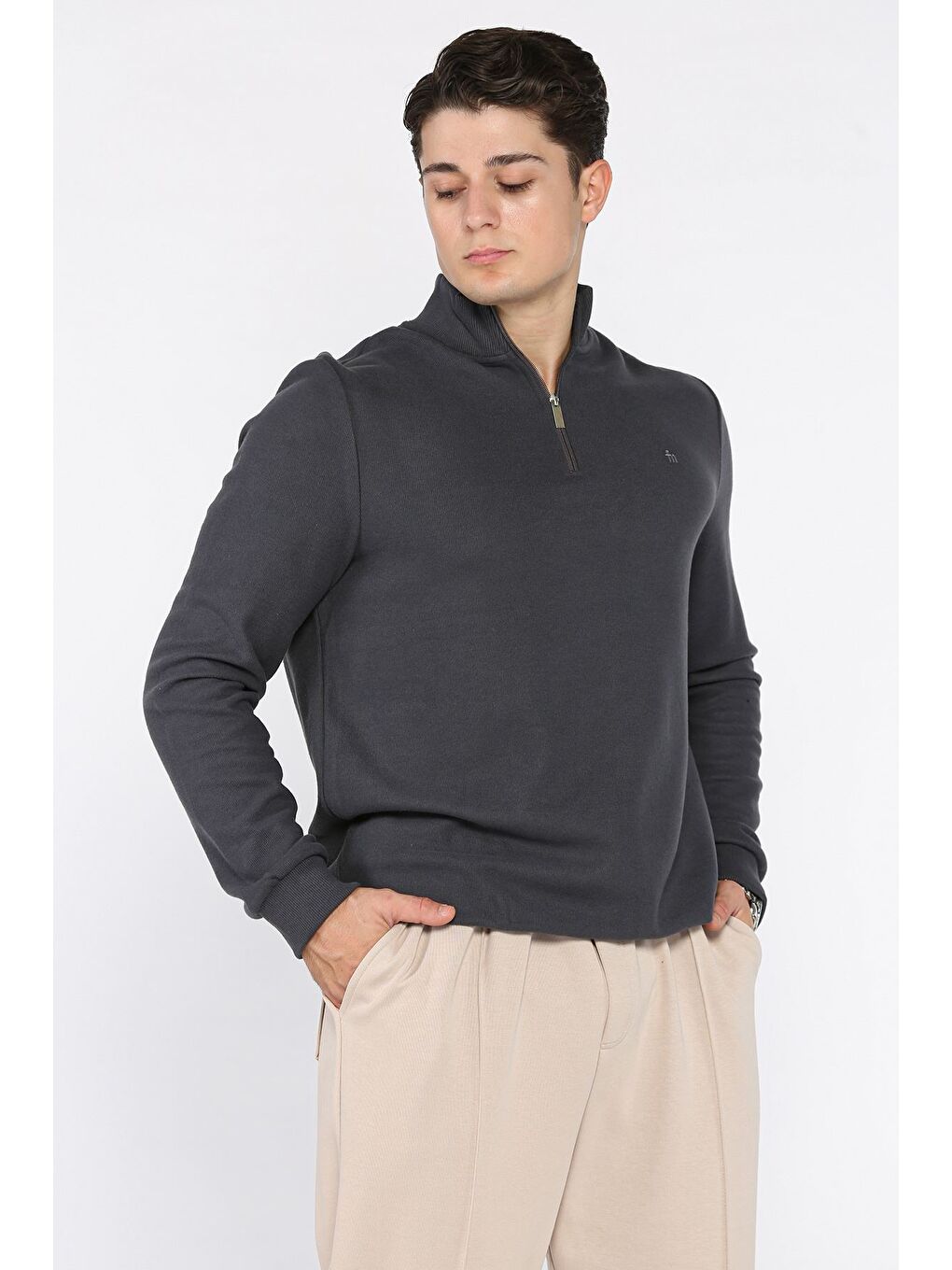 Gri Yarım Fermuarlı Dik Yaka Selanik Sweatshirt-1