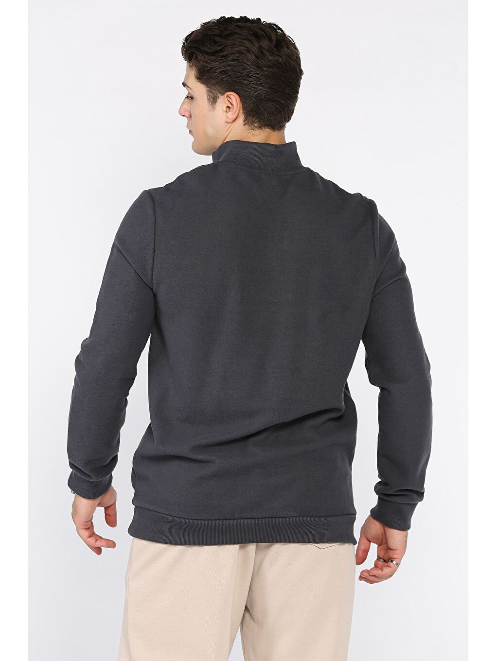 Gri Yarım Fermuarlı Dik Yaka Selanik Sweatshirt-2