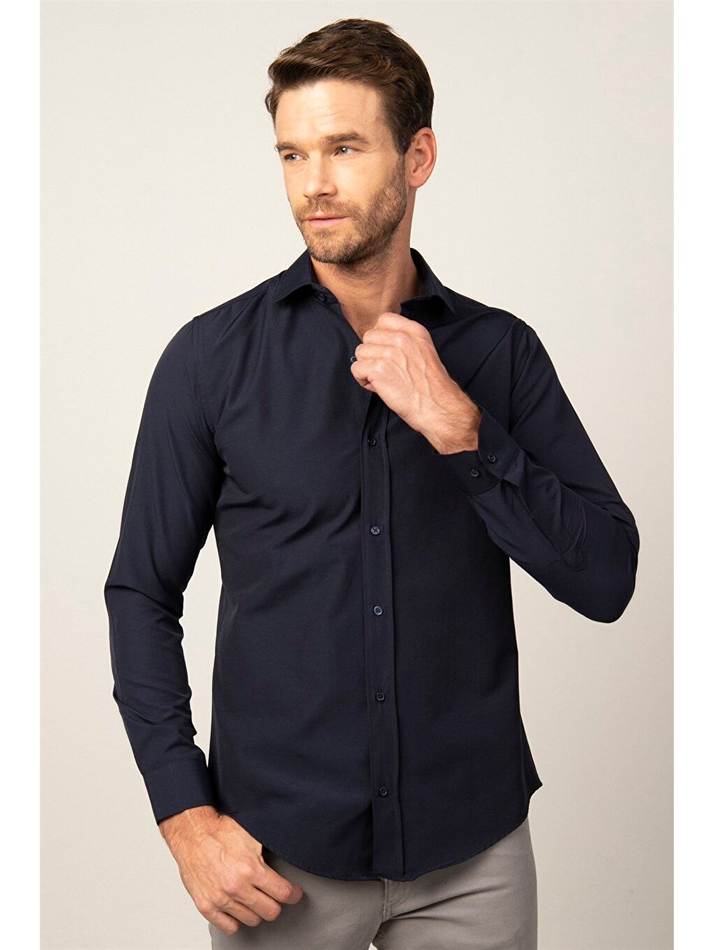 Slim Fit Uzun Kollu Pamuklu Kolay Ütü Erkek Lacivert Gömlek-1