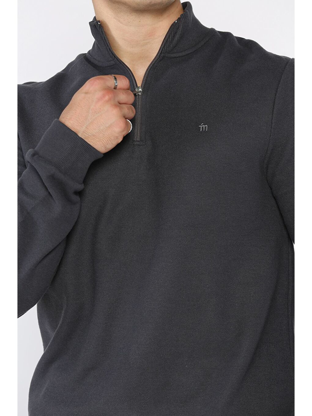 Gri Yarım Fermuarlı Dik Yaka Selanik Sweatshirt-3