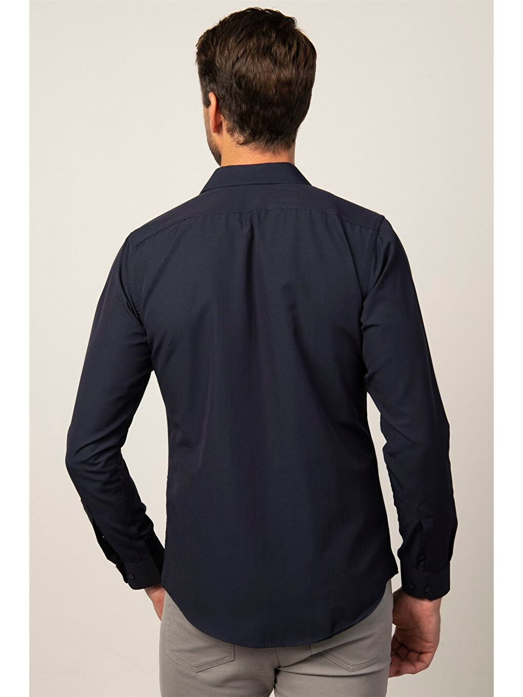 Slim Fit Uzun Kollu Pamuklu Kolay Ütü Erkek Lacivert Gömlek-3
