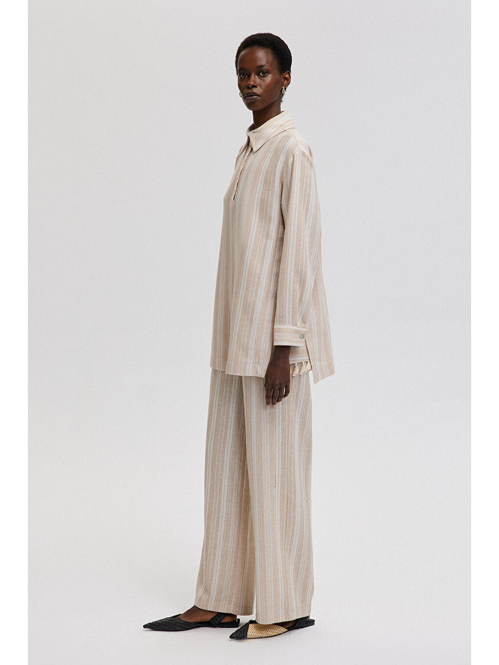 Bej Püskül Detaylı Çizgili Tunik-2