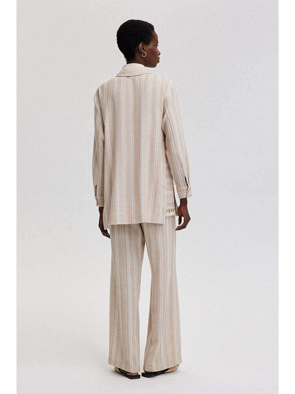 Bej Püskül Detaylı Çizgili Tunik-3