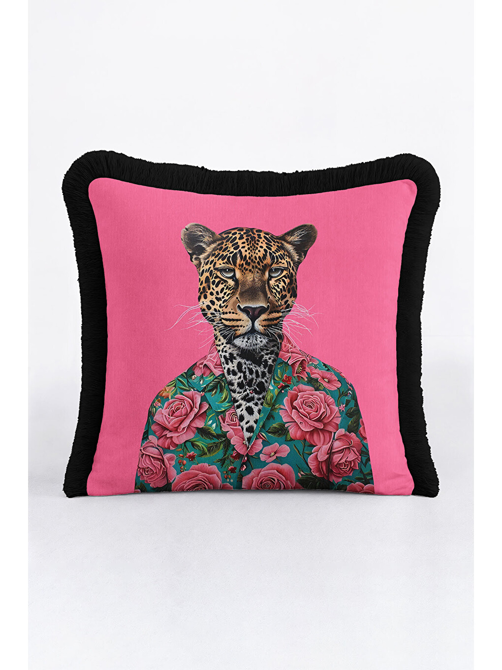 Karışık Lüks Çiçekli Leopar Saçaklı Yastık Kılıfı - Vintage Bohem Pembe Yeşil Püsküllü Kırlent Kılıfı-2