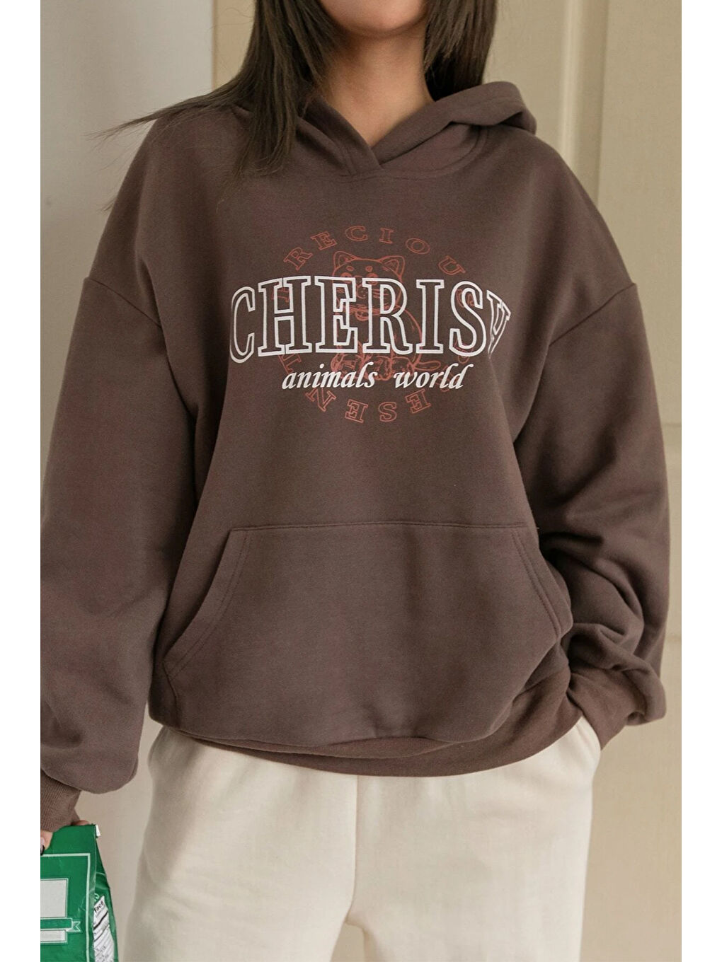 uyguntarz Kahverengi Unisex Cherish Baskılı Oversize Sweatshirt