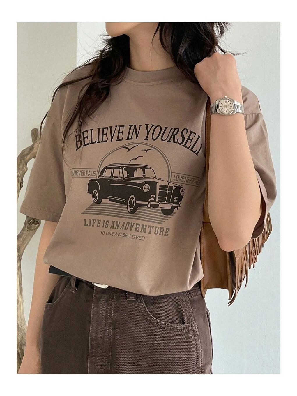 Kadın Kahverengi Believe In Yourself Baskılı Oversize Tişört