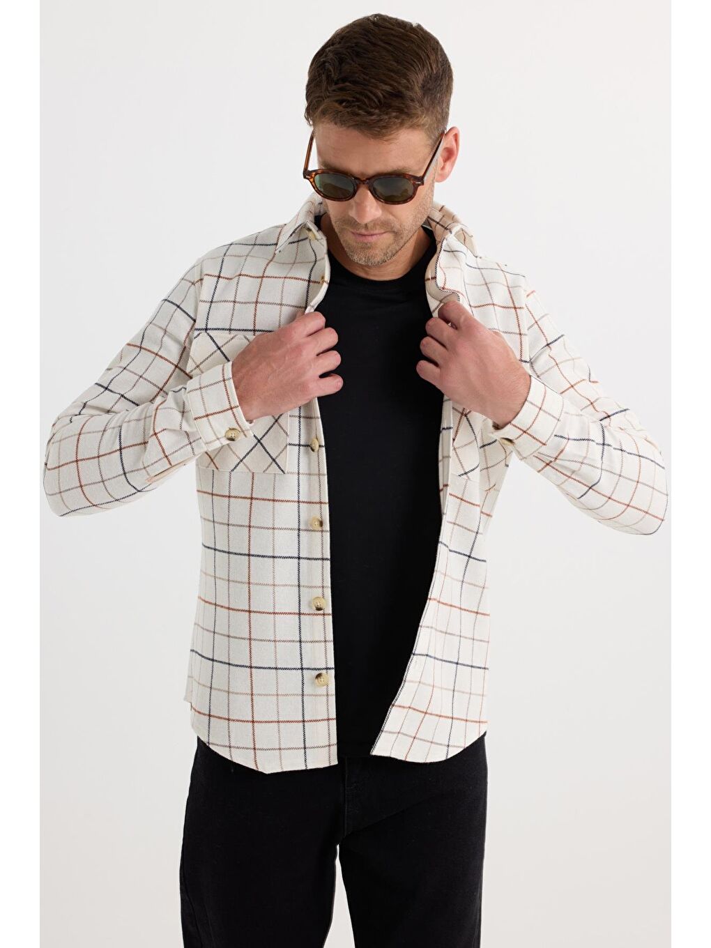 Karışık Erkek Slim Fit Dar Kesim Spor Yaka Çift Cep Kapaklı Kareli Gömlek-3