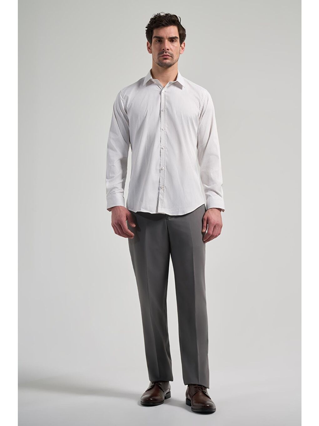 Beyaz Uzun Kol Desen Yarım İtalyan Yaka Cepsiz Esnek Classic Slim Fit Gömlek 1004245220-1