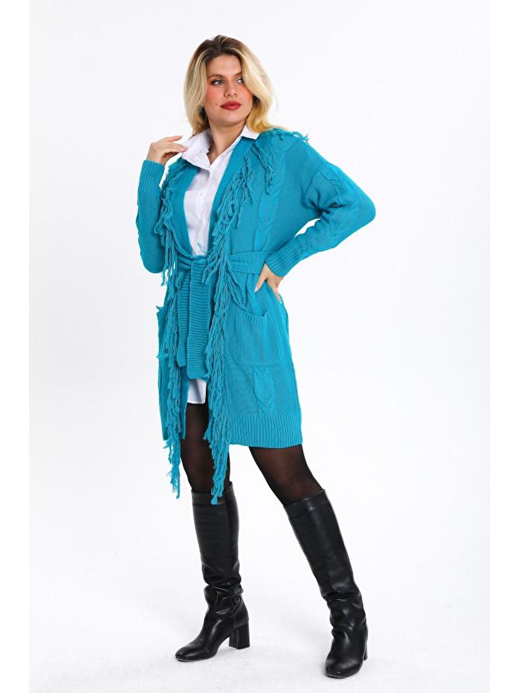 Turkuaz Kadın Saç Örgülü Püsküllü Triko Hırka 019