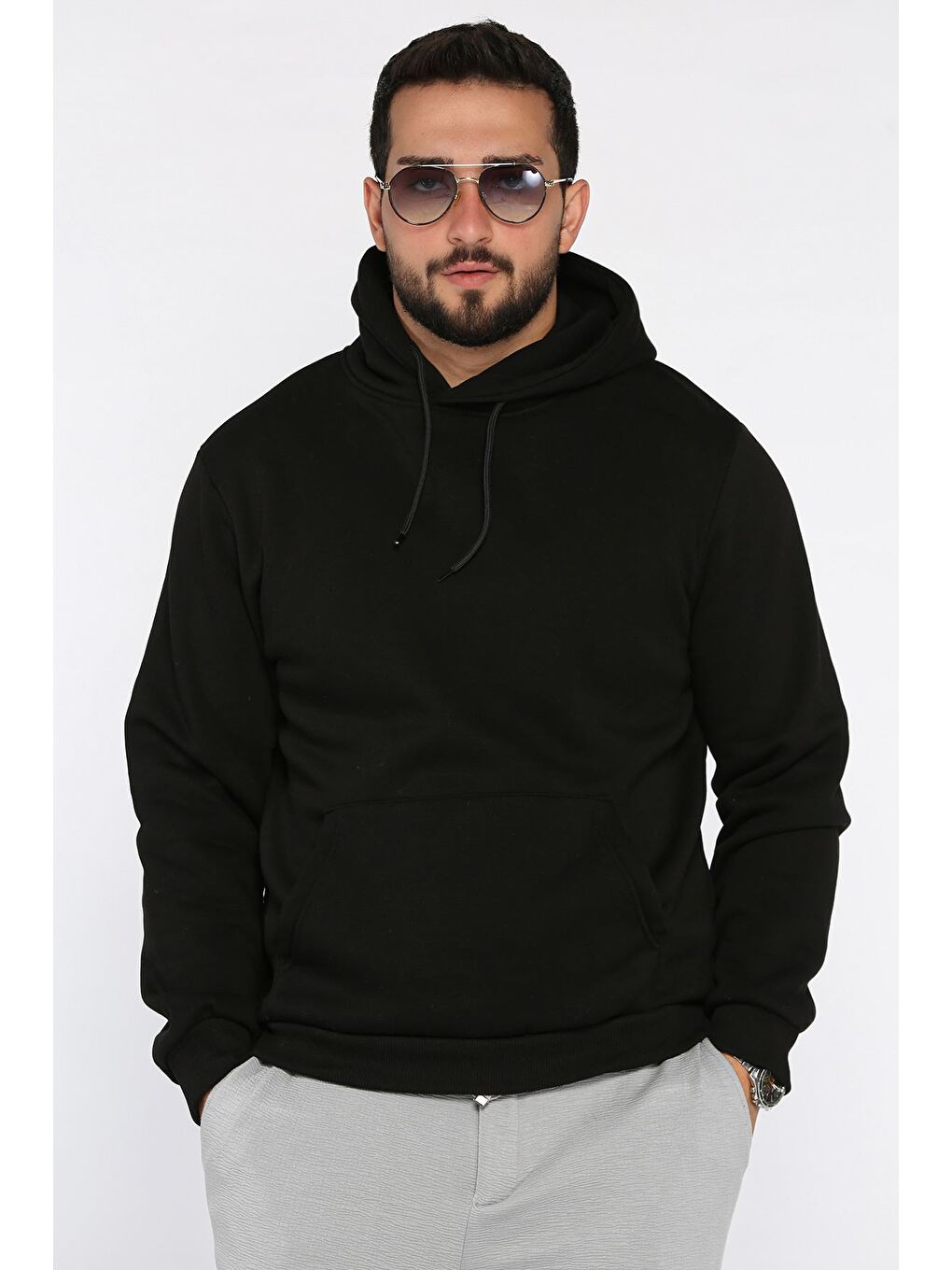 Siyah Erkek Kapüşonlu Kanguru Cepli Şardonlu Sweatshirt