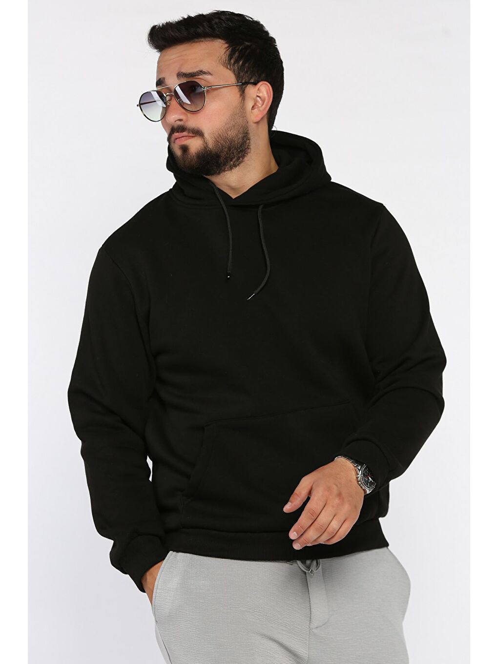 Siyah Erkek Kapüşonlu Kanguru Cepli Şardonlu Sweatshirt-1