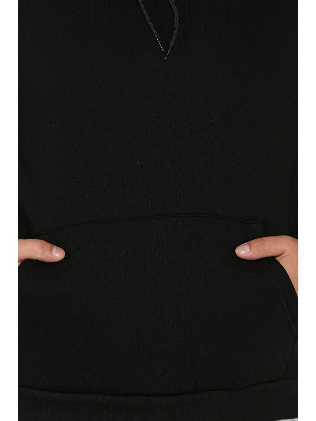 Siyah Erkek Kapüşonlu Kanguru Cepli Şardonlu Sweatshirt-3