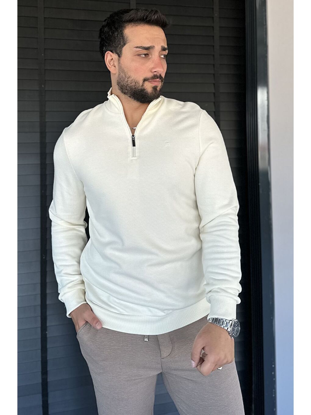 Ekru Yarım Fermuarlı Dik Yaka Selanik Sweatshirt-1