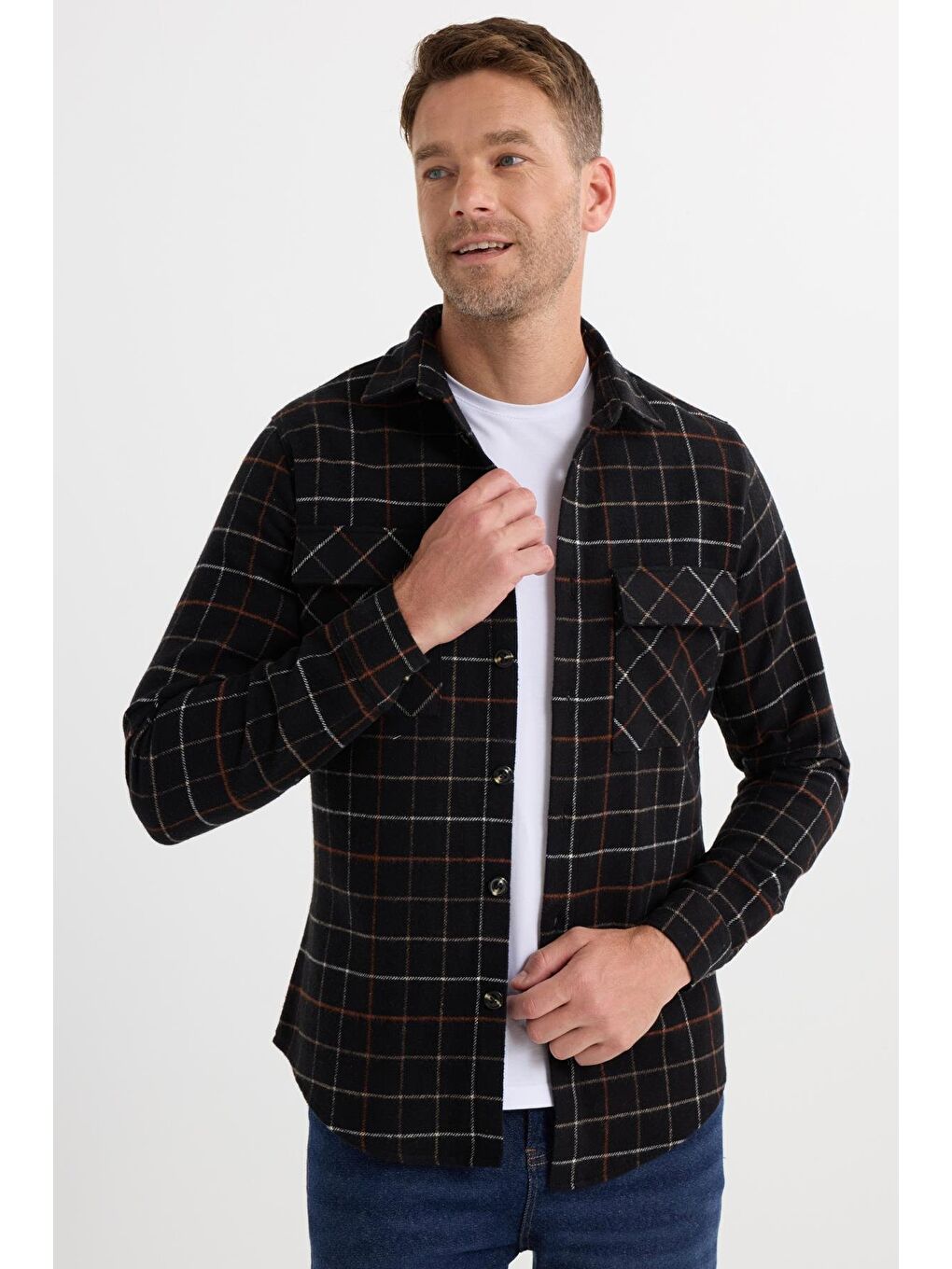 Karışık Erkek Slim Fit Dar Kesim Spor Yaka Çift Cep Kapaklı Kareli Gömlek-3